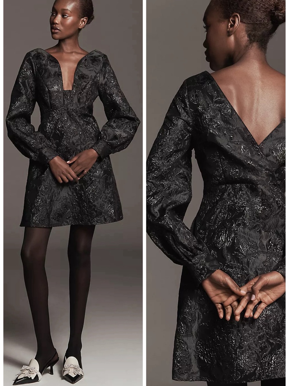 Anthropologie Maeve Black Jacquard Mini Dress Size 4 NWT Long Sleeve Babydoll